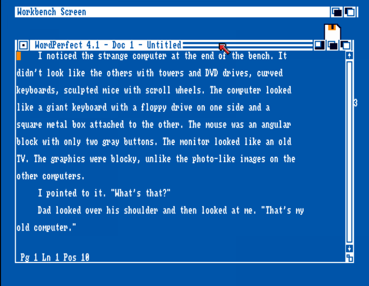 Excerpt from my work in progress as it appears in WordPerfect for the Commodore Amiga.