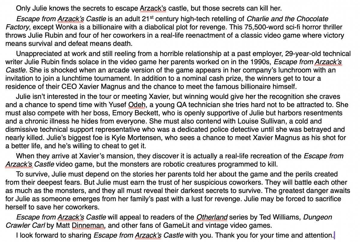 Draft query letter for Escape from Arzack's Castle