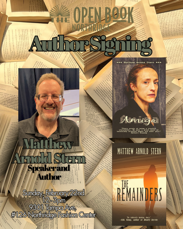 Ad for my author event at The Open Book - Northridge on Sunday, February 22.