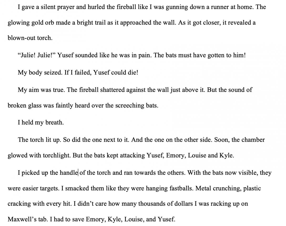 Excerpt from Escape from Arzack's Castle shows how Julie uses her softball skills to save herself and coworkers.
