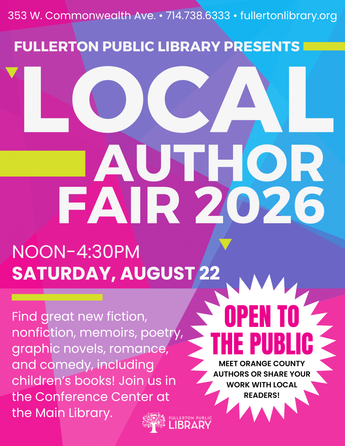 Fullerton Local Author Fair flyer, August 22, 12:00–4:30 pm, Fullerton Library.